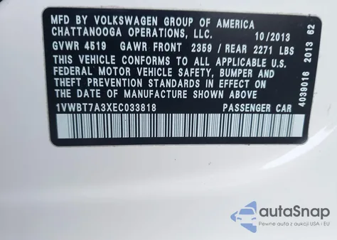 2014 Volkswagen Passat 1.8T Se z USA, uszkodzony, nr VIN 1VWBT7A3XEC033818